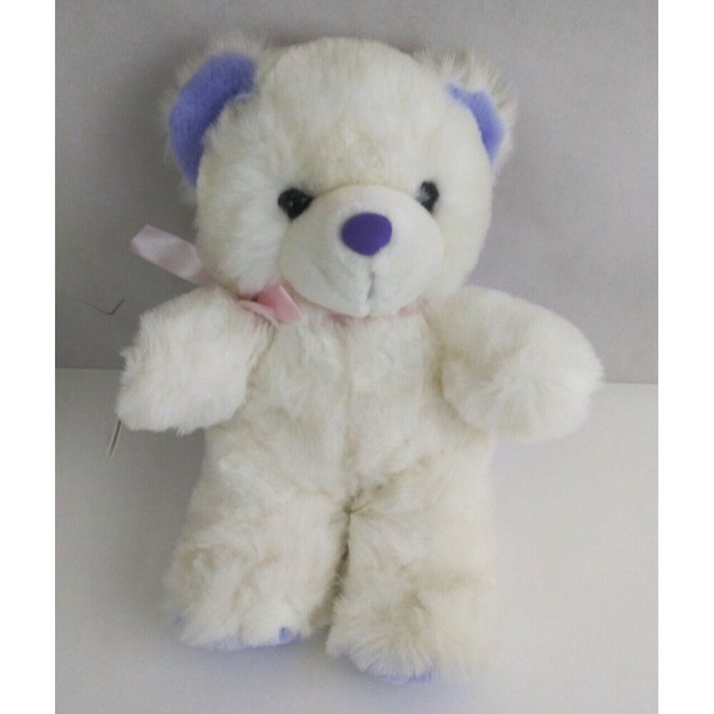 Progressive Plush White & Purple Teddy Bear With Pink Bow Super Soft 13" Plush